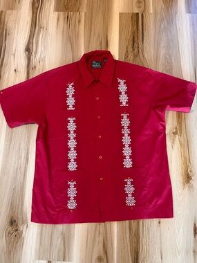 Haband Guayabera Mens XL Dark Red Embroidered Short Sleeve Button Up Cuban Shirt